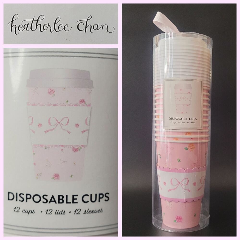 Heatherlee Chan Disposable Coffee Cups Powder Pink Bows Roses Coquette 16 oz NIP